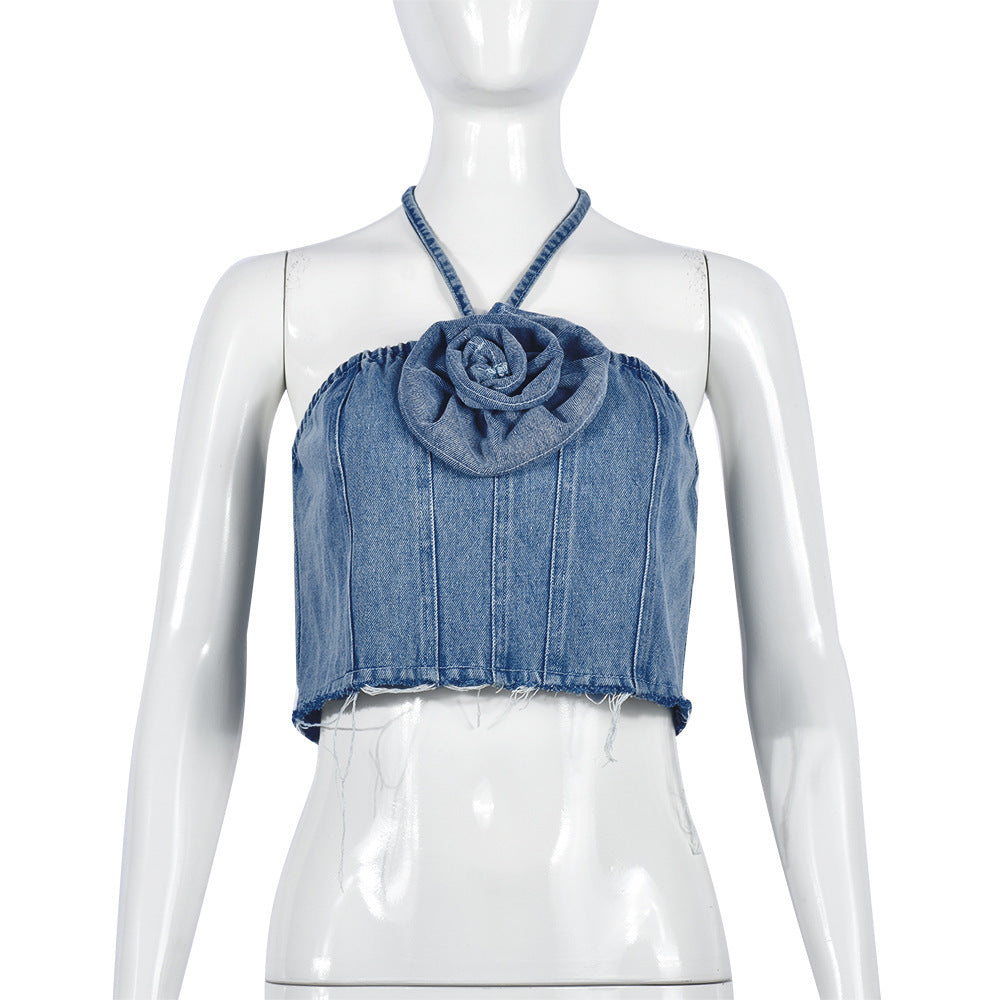 Trendy Halter Tube Top Three Dimensional Floral Denim Top