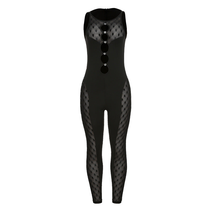 Mesh See-through Hollow Out Cutout High Waist Trousers Sleeveless Tight Jumpsuit