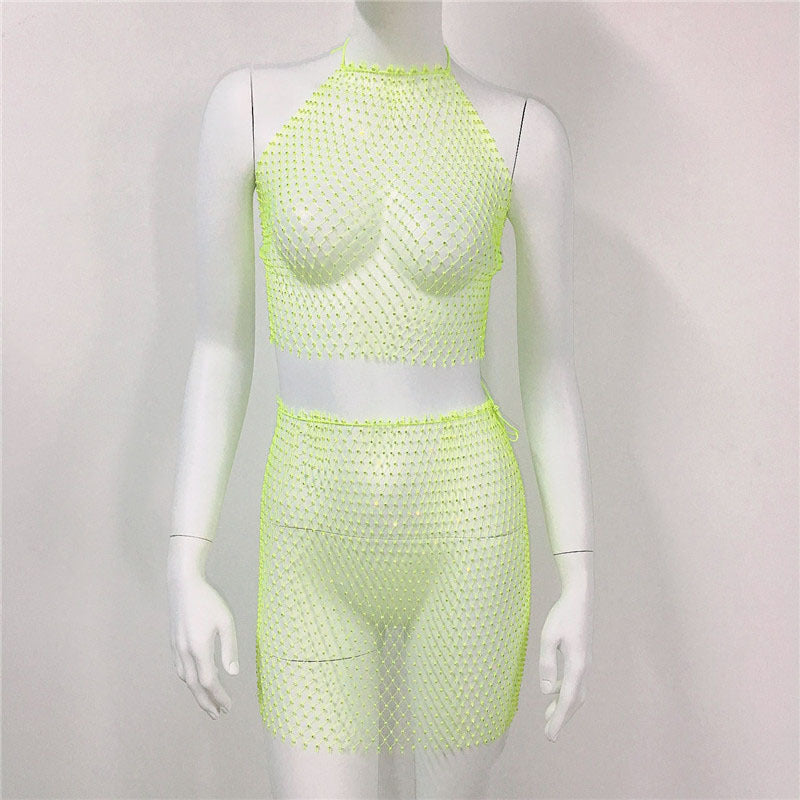 Ensemble jupe de plage en maille avec bretelles en résille et strass