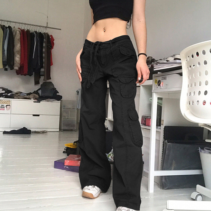 Jean cargo taille basse à lacets, couleur unie, multi-poches, pantalon patchwork amincissant