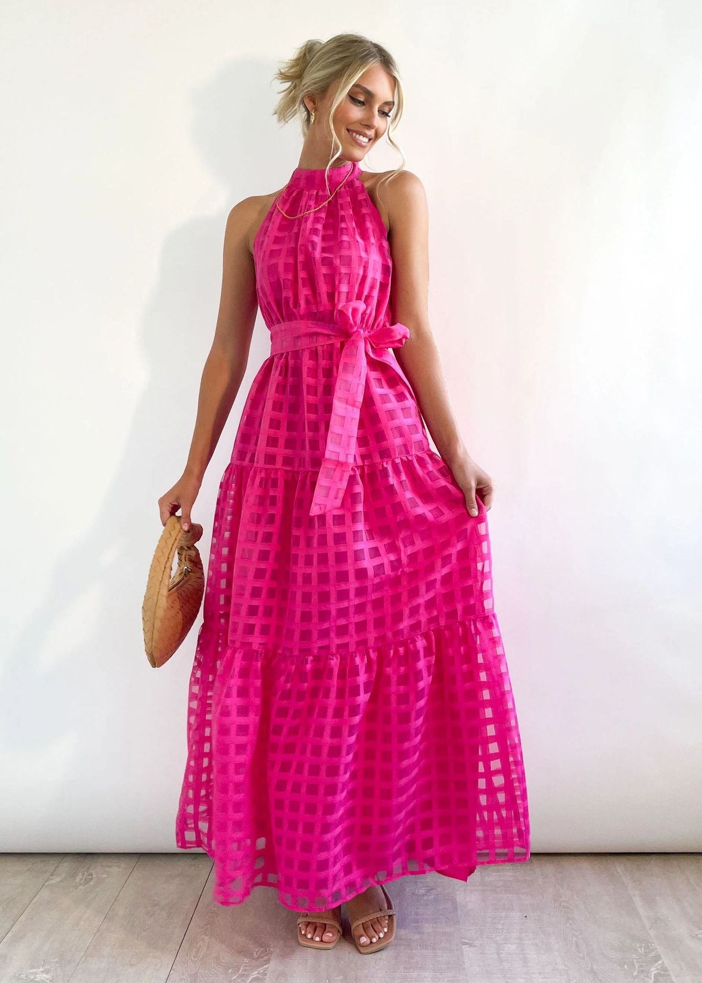 StCollar Einfarbiges kariertes Retro-Maxikleid Freizeitkleid