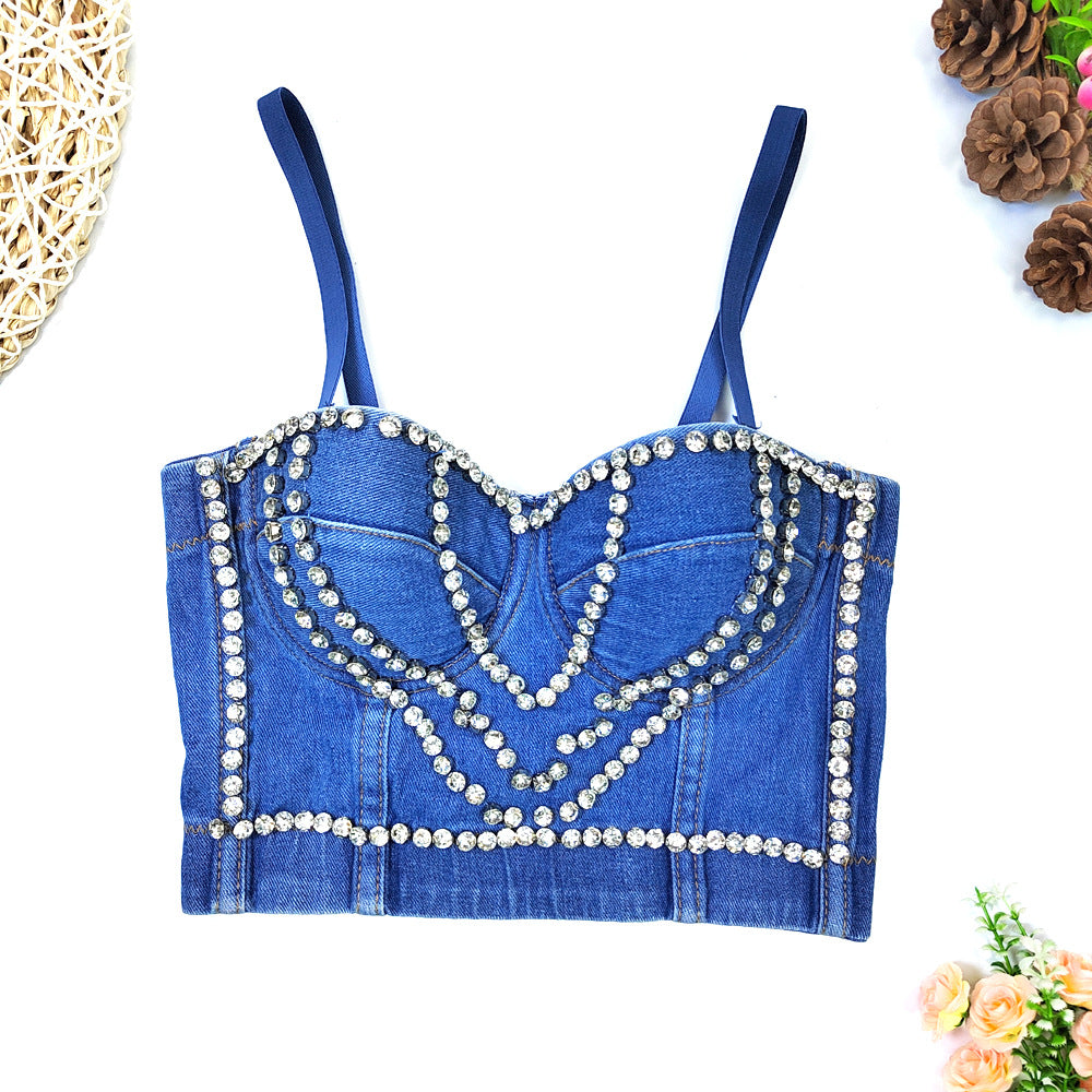 Punk Beaded Denim Sling Inner Slim Boning Corset Wrapped Chest Short Street Hipster Waist Corset Vest With Chest Pad