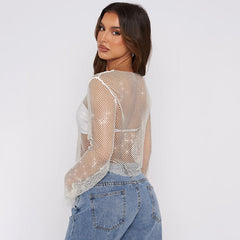 Fishnet T shirt Long Sleeve Short Top