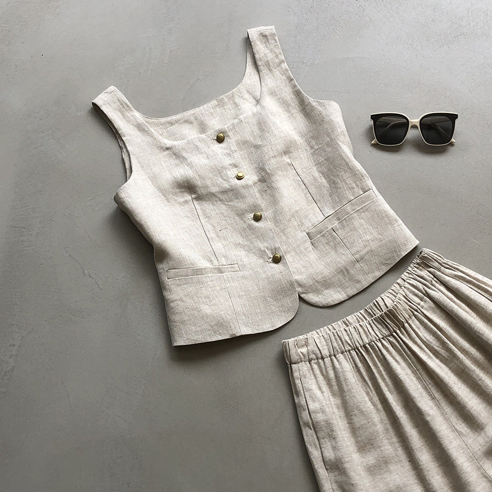 Retro Linen Vest-Interest Square Collar Sleeveless Short Top