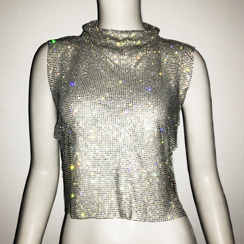 Women's Full Diamond Vest Luxury Turtleneck Rhinestone Top Nightclub Vest