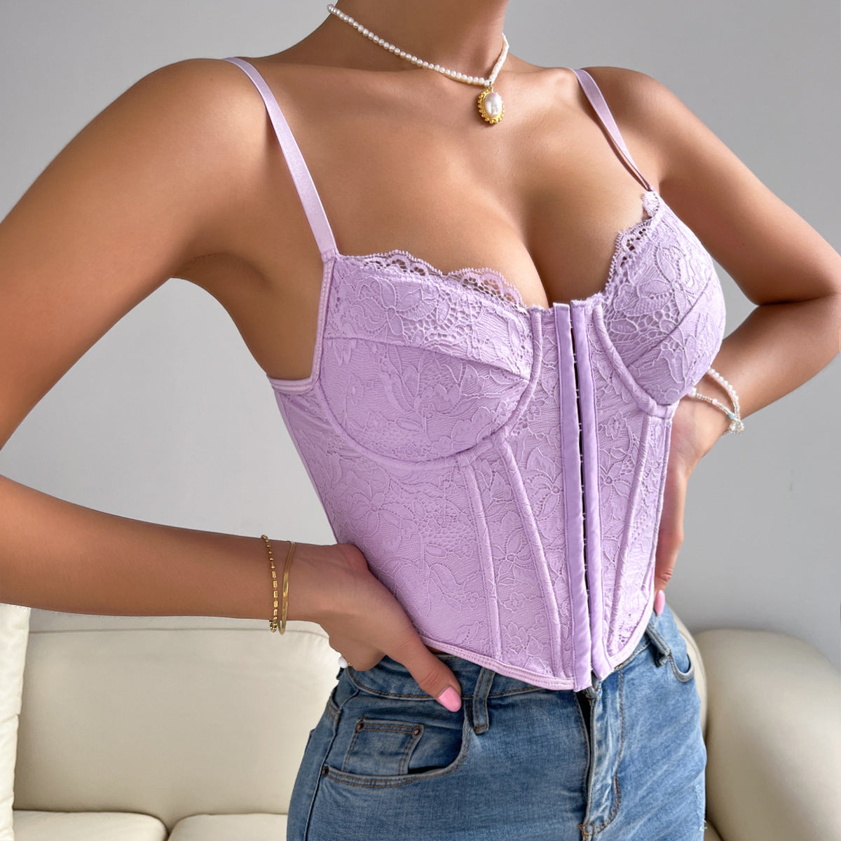 Lace Breasted Rhombus Boning Corset Sling Lilac Vest