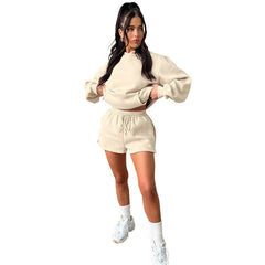 Solid Color Long-Sleeved Hooded Sweaters Two Piece Casual Shorts sets