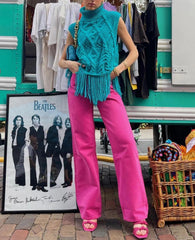Pantalon droit taille haute, jean rose rouge, pantalon décontracté de rue frite