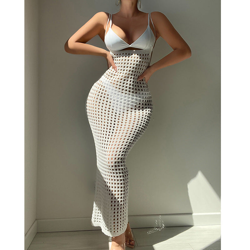 Knitted Camisole Hollow Out Cutout Texture Slim High Waist Maxi Dress Beach Cover up Dress