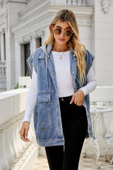 Denim Waistcoat Vest Trendy Denim Sleeveless Hooded Vest Detachable