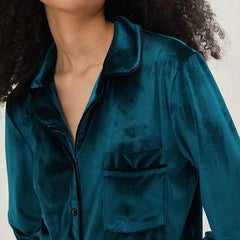 Velvet V neck Suit Collar Cardigan Long Sleeve Suit Homewear Pajamas Blue