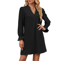 Solid Color V-neck Loose Lotus Leaf Long Sleeve Dress