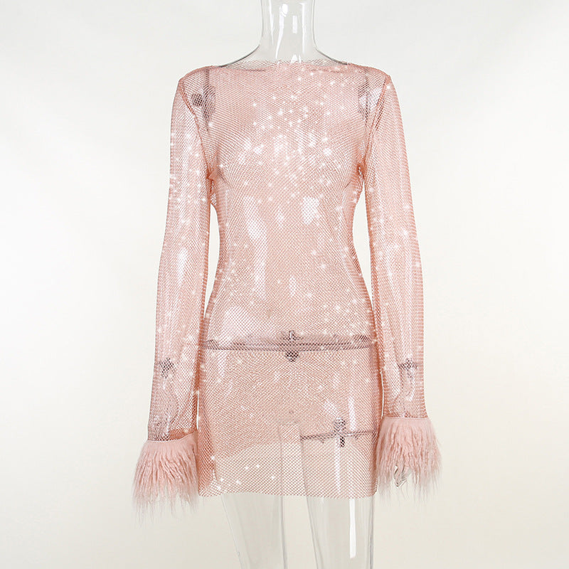 Robe en maille scintillante et fine en fourrure