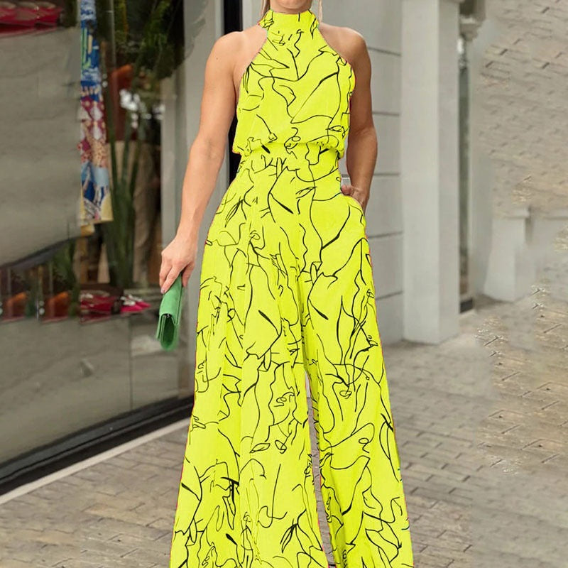 Elegant High Waist Lace up Sleeveless Halter Trousers Jumpsuit