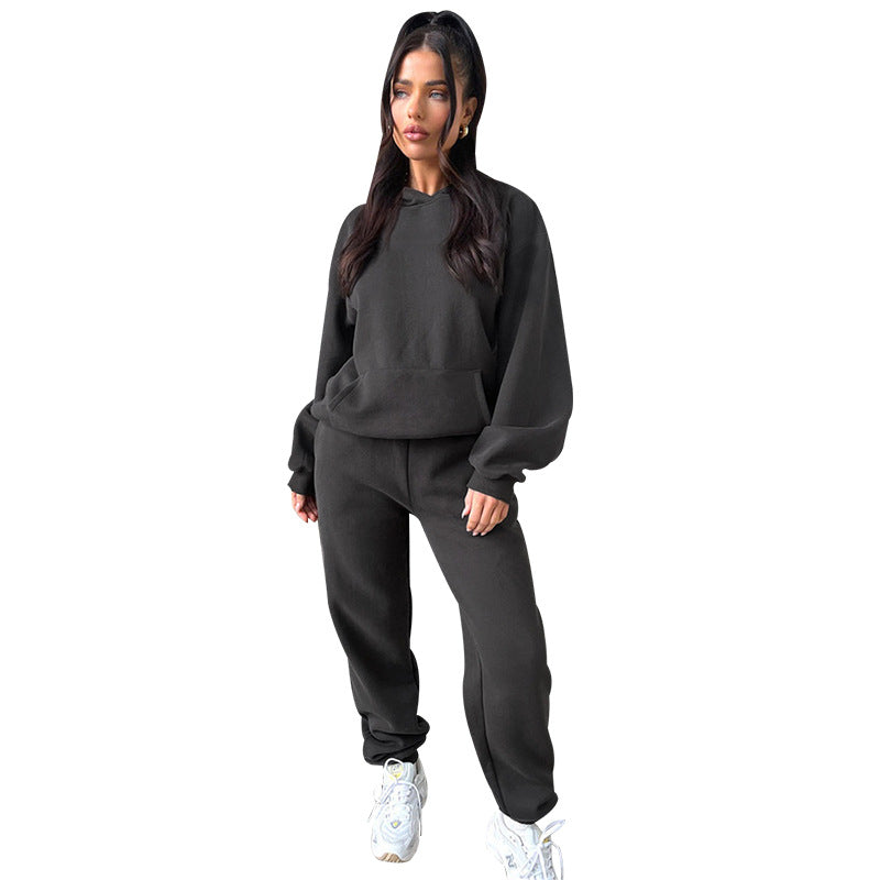 Solid Color Long Sleeve Hooded Fleece Lined Sweater Casual Trousers sets