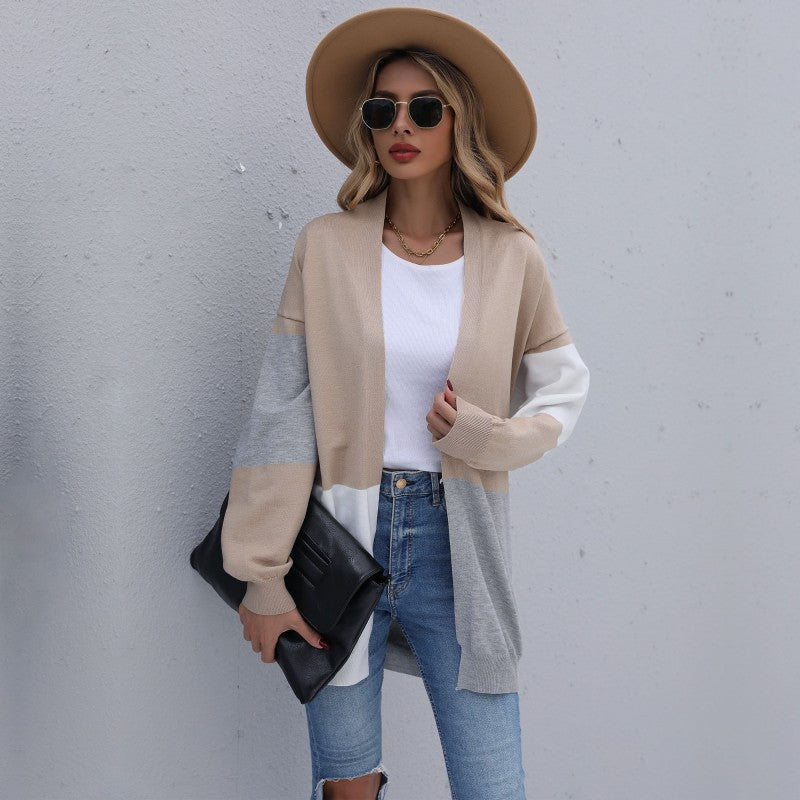 Long Loose Color Stitching Knitted Cardigan Sweater Coat