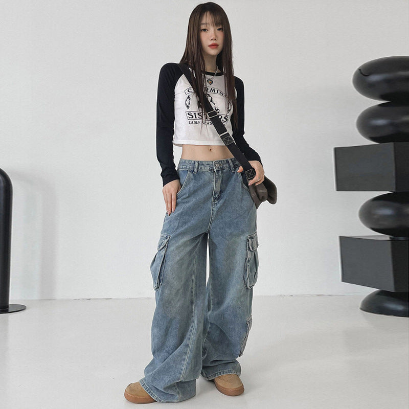 Pantalon droit drapé ample bleu vieilli de Big Workwear avec jeans à poches