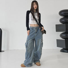 Pantalon droit drapé ample bleu vieilli de Big Workwear avec jeans à poches