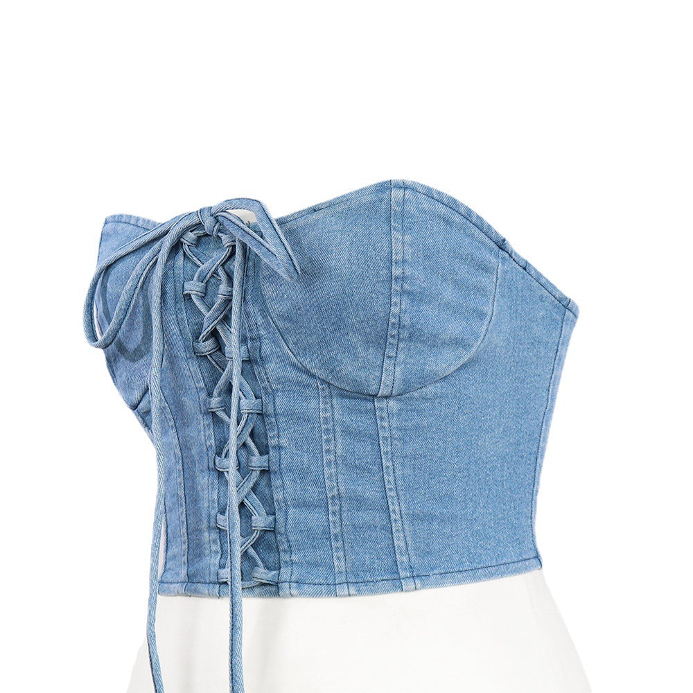 Crossover Lace up Denim Back Outer Wear Tube Top Casual Body Shaping Short Vest Zipper Wrapped Chest