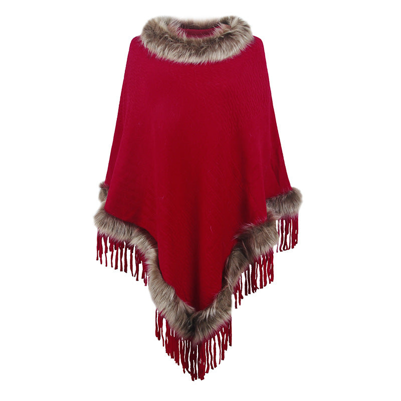 Knitted Tassel Cloak Solid Color Pullover Loose Inverness