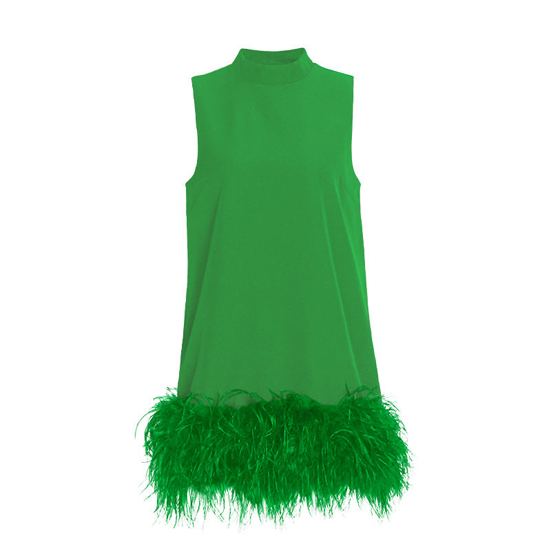 Australian BrShort StCollar Sleeveless Solid Color Stitching Hem Feather Dress