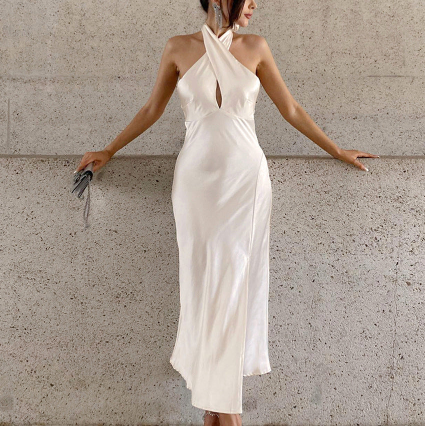 Minimalist White Fishtail High Waist Slim Backless Halter Dress