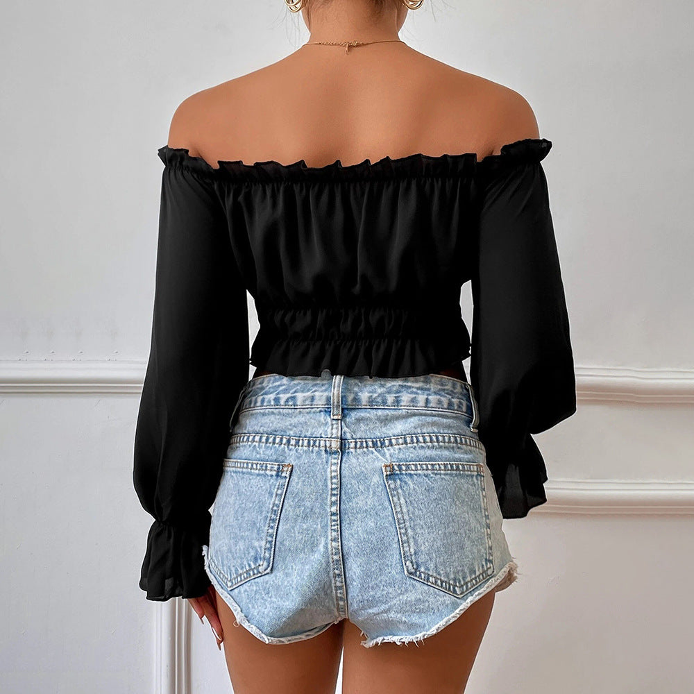 Casual Home Waist Tight Wooden Leaf Collar Long Sleeve Shirt Top