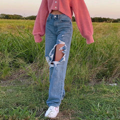 Lose Persönlichkeit Zerrissene Gerade Freizeithose Jeans