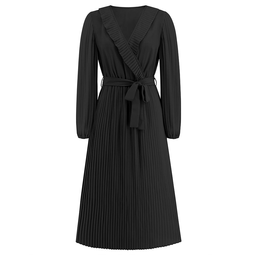 Ruffled V Neck Long Sleeved Pleated Dress Slim Fit Elegant Dress