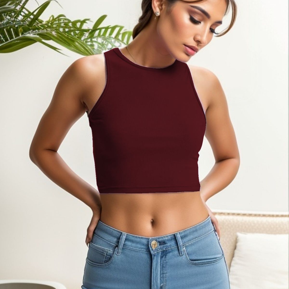 Slim Fit Cotton Rib Cropped Sleeveless Vest