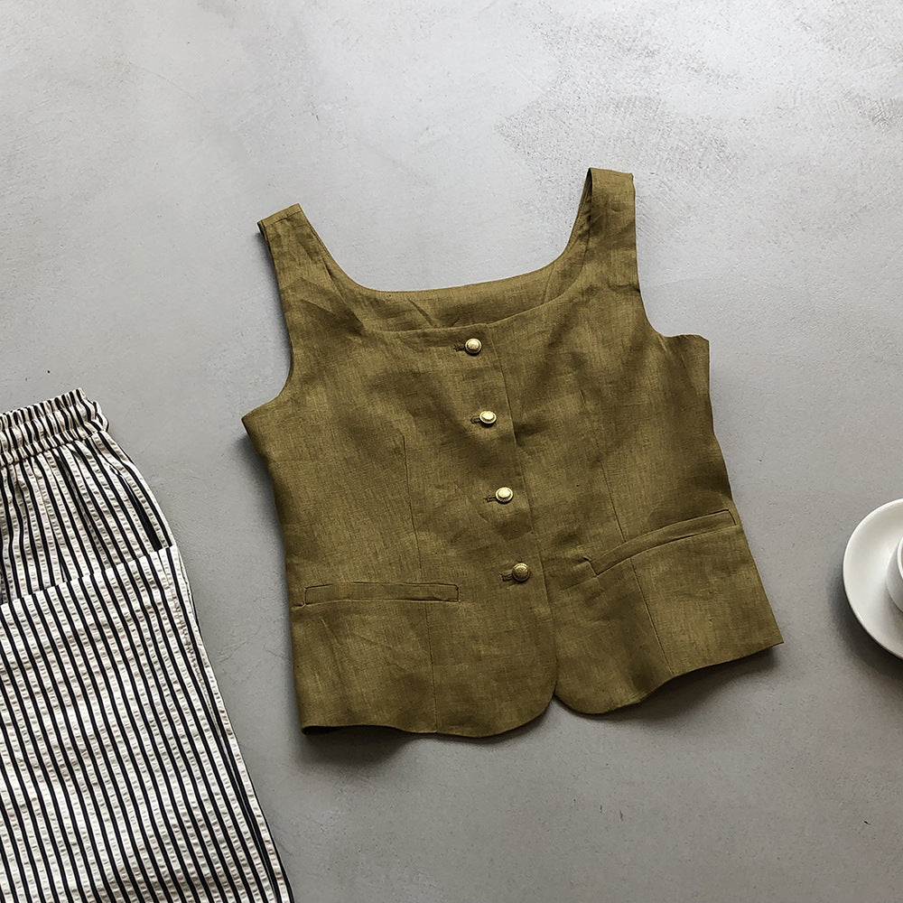 Retro Linen Vest-Interest Square Collar Sleeveless Short Top