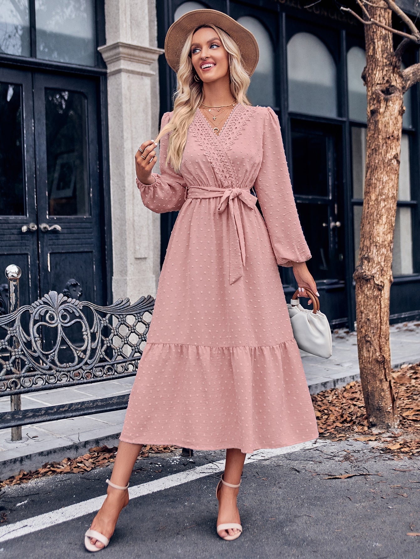 Solid Color V neck Lace Tie Waist Maxi Dress