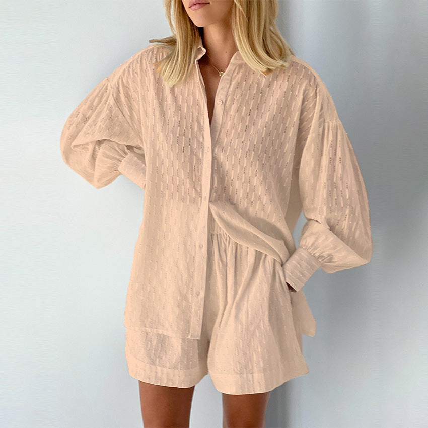 French White Jacquard Cotton Puff Sleeve Casual Shorts Suit Homewear Cool Pajamas