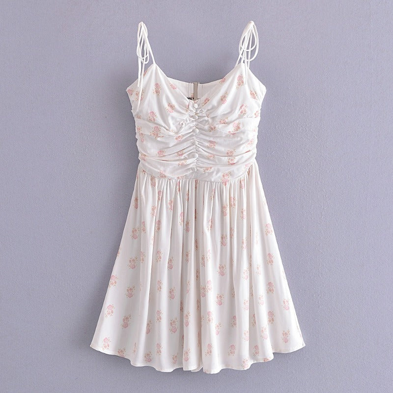 V-neck Brace A- line Dress Pleated Romantic Floral Print Lace-up Dress