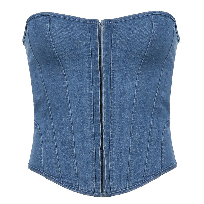 Street Cool Waist Tight Corset Lace-up Vest off-Shoulder Denim Split Wrapped Chest