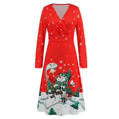 V Neck Long Sleeved Christmas Printed Dress Christmas Dress Year Party Play Maxi Dress