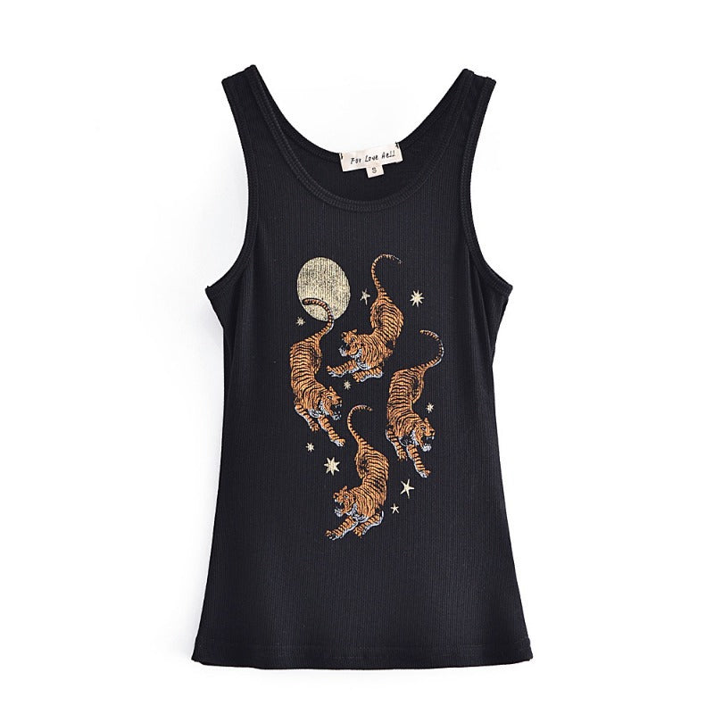 Shaped round Neck Slim Fit Three Tiger Printed High Elastic Thread Vest Top