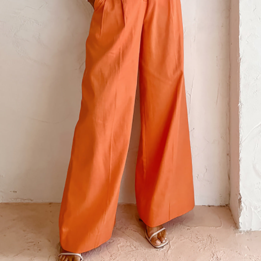 Pantalon de travail décontracté orange taille haute en coton et lin, pantalon large taille haute tombant