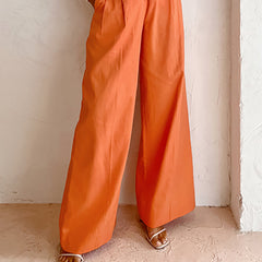 Pantalon de travail décontracté orange taille haute en coton et lin, pantalon large taille haute tombant