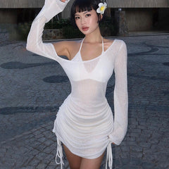 Pure Shoulder Long Sleeve See through Pleating Dress