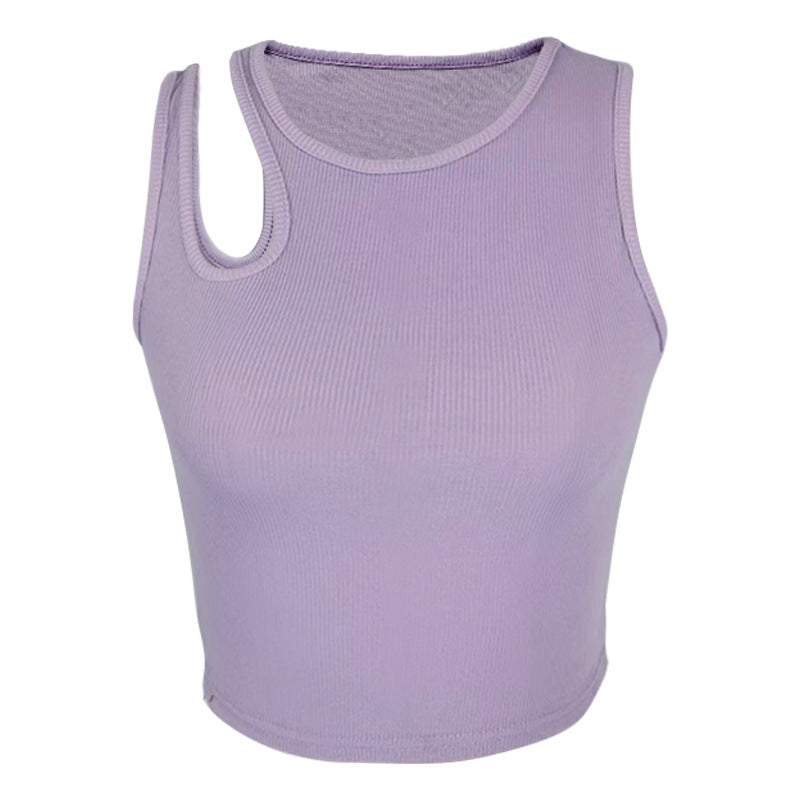 Ribbed Bare Cropped Slim Fit Top Hollow Out Cutout Sleeveless round Neck Vest