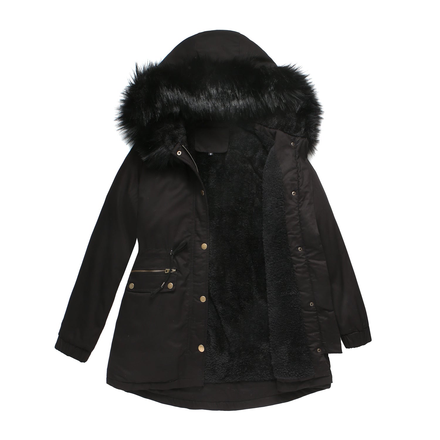 Parka Fleece Lined Coat with Fur Collar Hooded Warm Jacket Loose Cotton Coat Plus Size