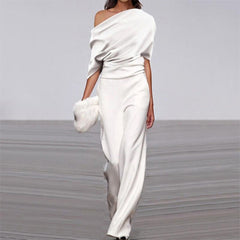 Off Neck Loose White Jumpsuit Trousers