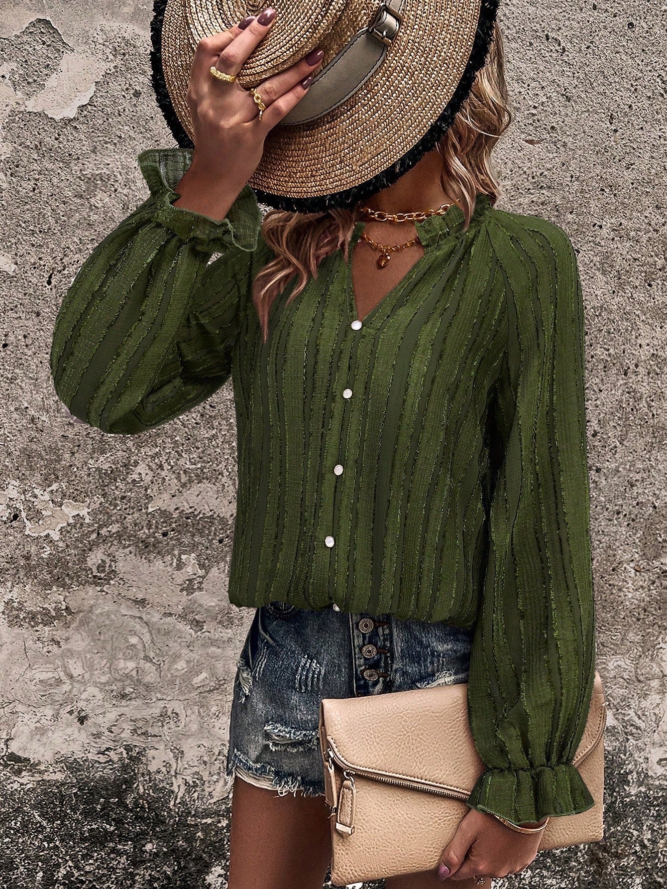 Shirt Half Open Collar Ruffle Sleeve Chiffon Striped Elegant Top