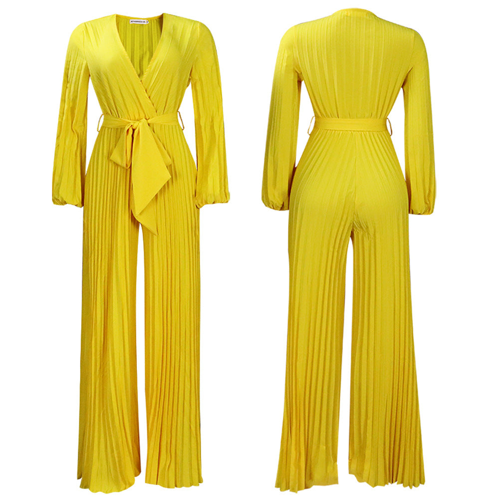 V neck Lace up Pleated Wide Leg Jumpsuit