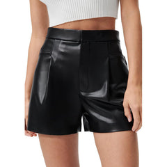 High Waist Faux Leather Pant Belt Pocket Shorts Casual Pants High End