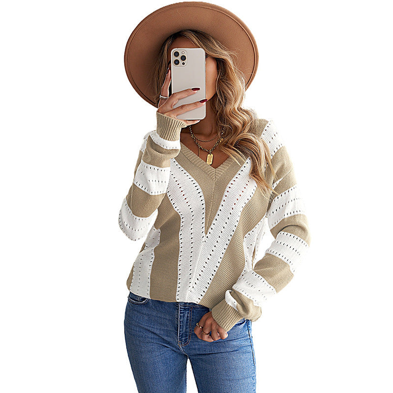 Striped Outerwear Sweater Contrast Color Long Sleeves Knitted Underwear Top