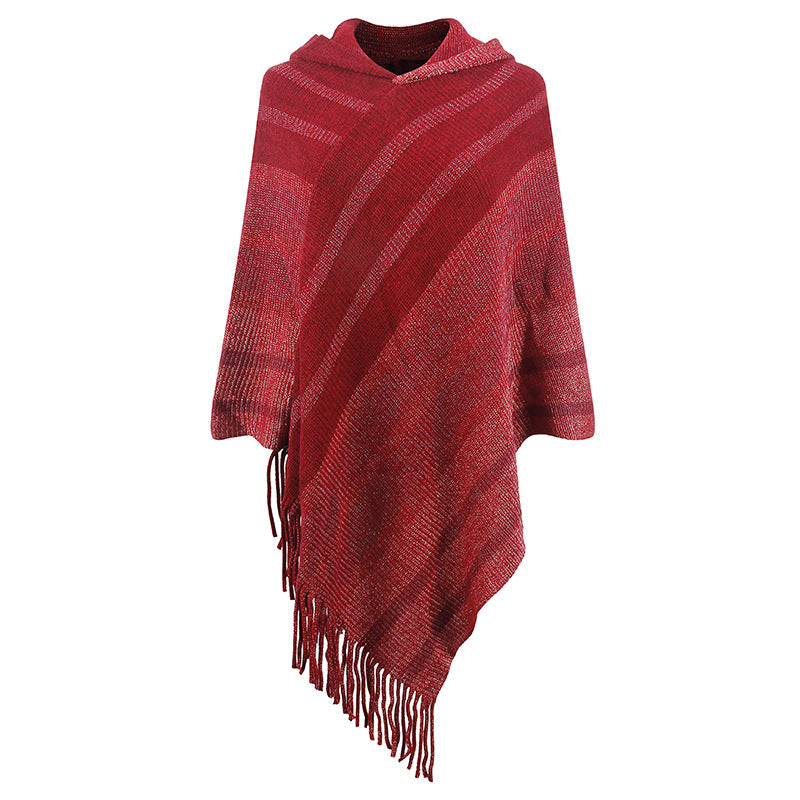 Knitted Tassel Shawl Cape Striped Hooded Scarf
