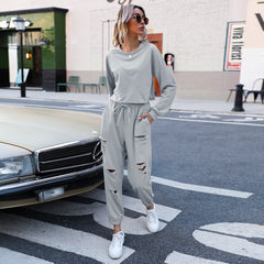 Casual two piece set Loose Hole Sports Sweater Suit