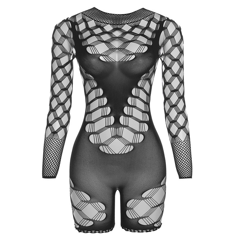 See through High Waist Long Sleeves Mesh Skinny Sheath Jumpsuit